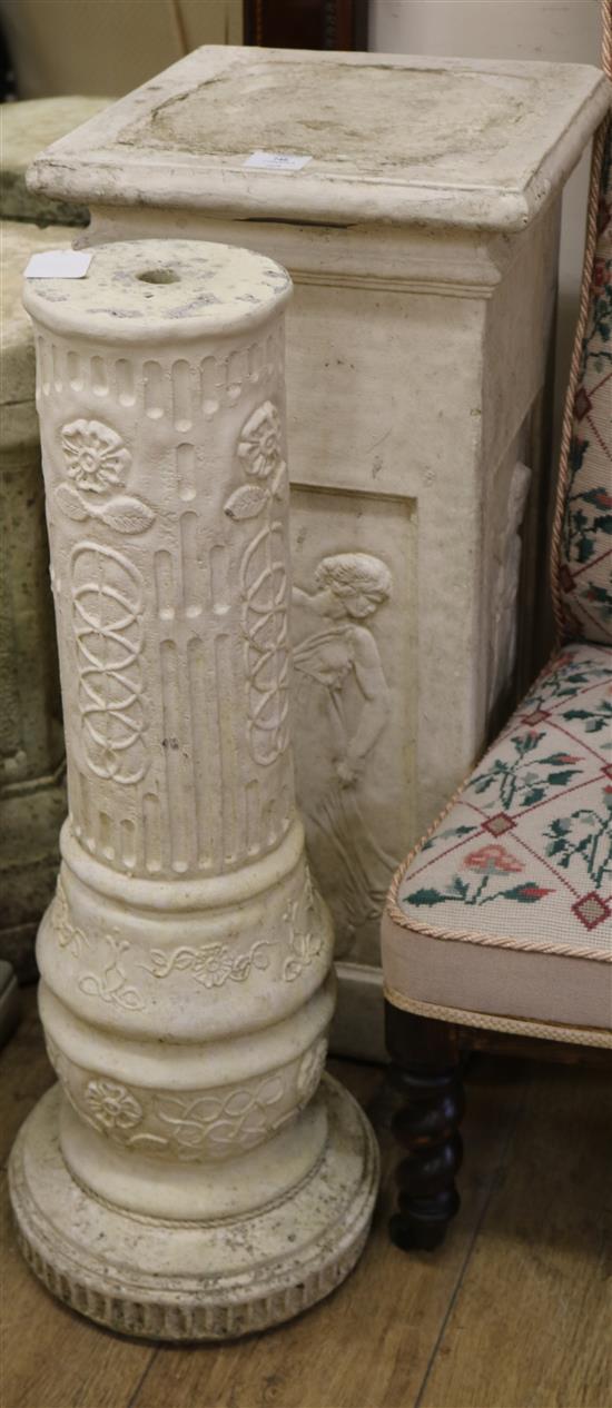 A reconstituted stone baluster pedestal and a square section pedestal, on plinth (2) W.35cm and 30cm